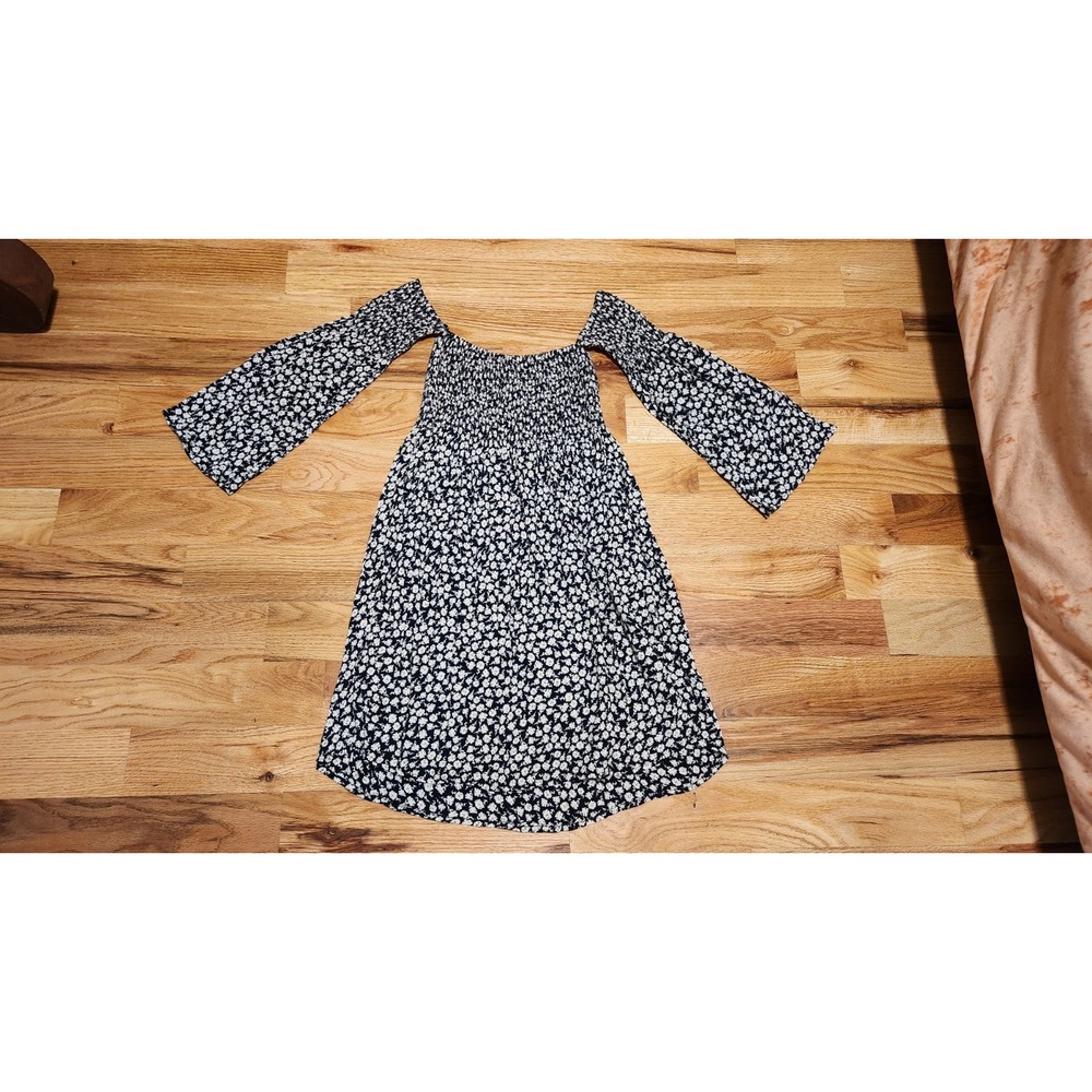 Billabong Night Fox Dress XS Black Floral Smocked Off Shoulder Mini Cottagecore - Picture 2 of 11